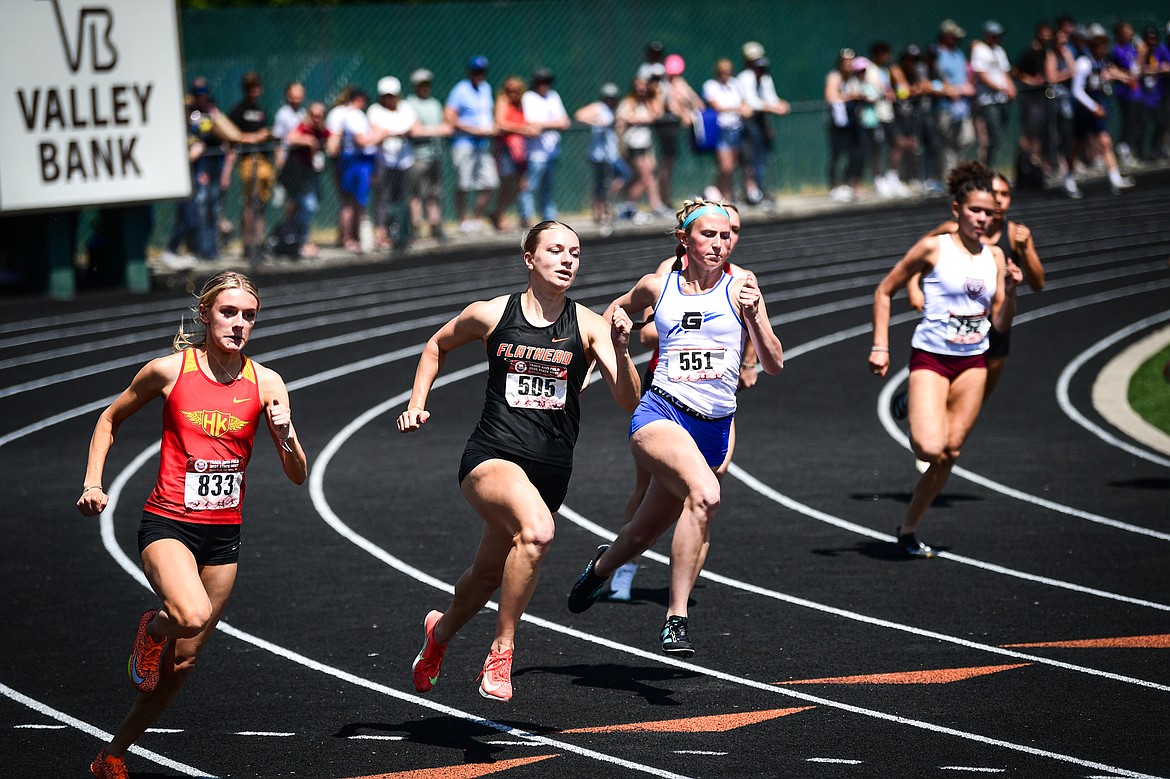 Flathead's Alivia Rinehart sprints to a first-place finish in the girls 200 meter run at the Class AA state track and field meet at Legends Stadium on Saturday, May 24. (Casey Kreider/Daily Inter Lake)