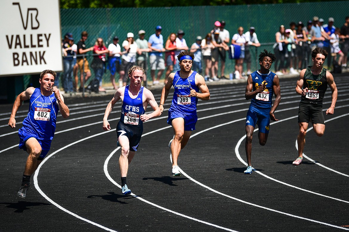 Columbia Falls' Jack Phelps sprints to a fourth-place finish in the boys 200 meter run at the Class A state track and field meet at Legends Stadium on Saturday, May 24. (Casey Kreider/Daily Inter Lake)