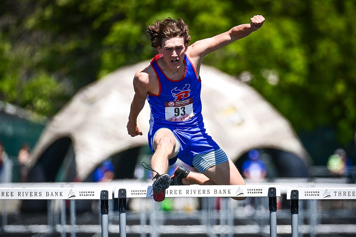 Bigfork's Austin Savik took second place in the boys 300 meter hurdles at the Class A state track and field meet at Legends Stadium on Saturday, May 24. (Casey Kreider/Daily Inter Lake)