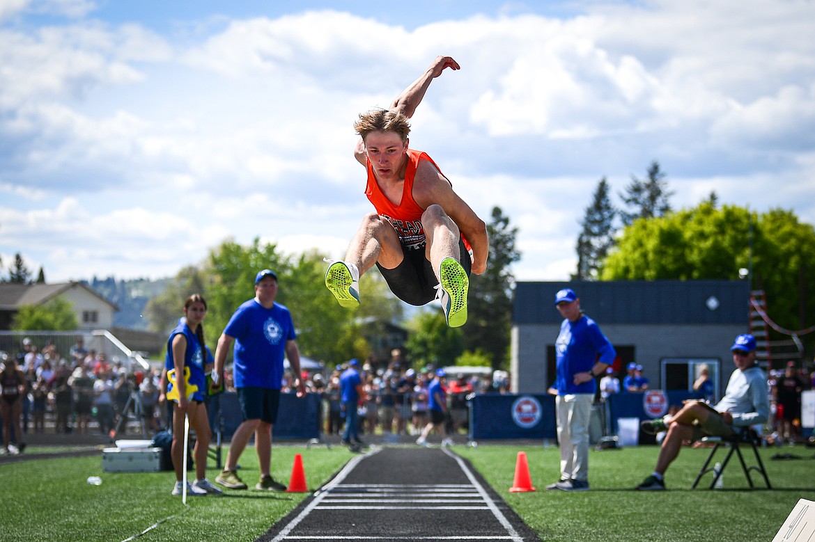 Flathead's Will Hollensteiner took second place in the boys triple jump at the Class AA state track and field meet at Legends Stadium on Saturday, May 24. (Casey Kreider/Daily Inter Lake)