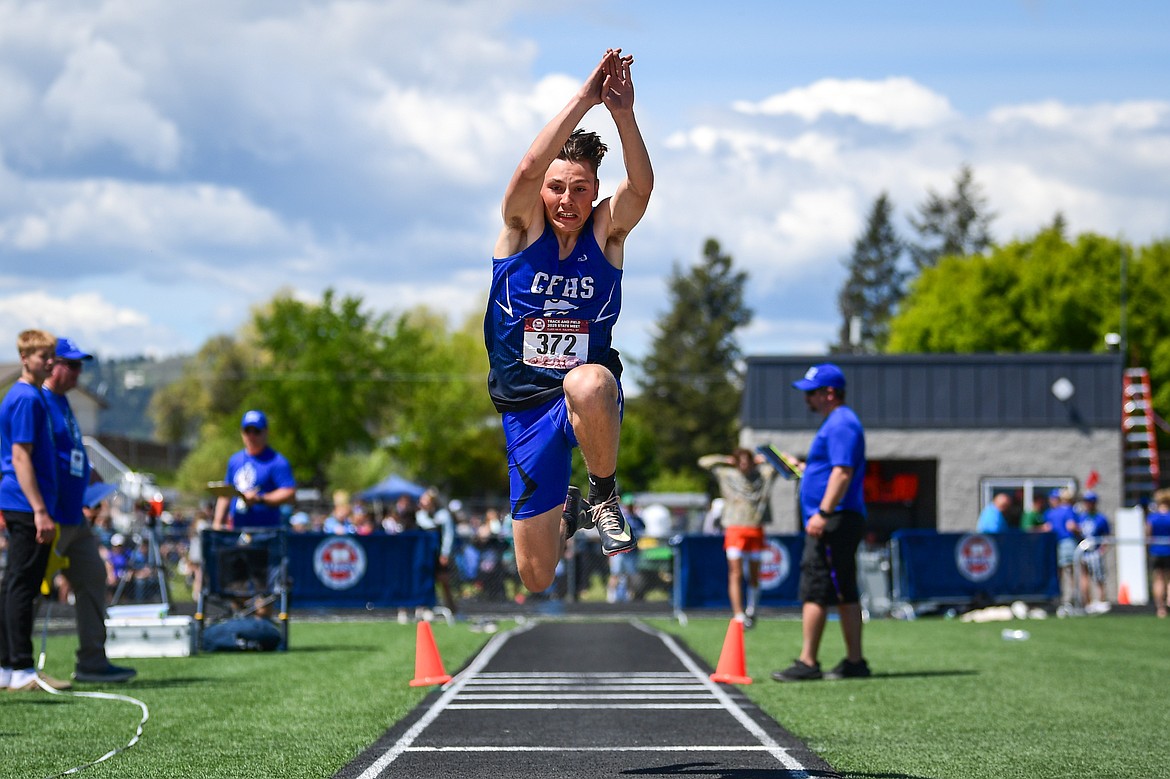 Columbia Falls' Stanley Stremick competes in the boys triple jump at the Class A state track and field meet at Legends Stadium on Saturday, May 24. (Casey Kreider/Daily Inter Lake)