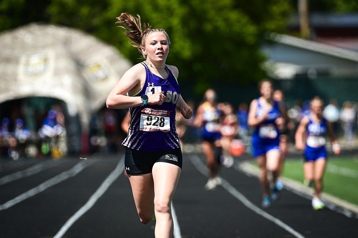 Polson's Morgan Delaney took first place in the girls 3,200 meter run at the Class A state track and field meet at Legends Stadium on Saturday, May 24. (Casey Kreider/Daily Inter Lake)