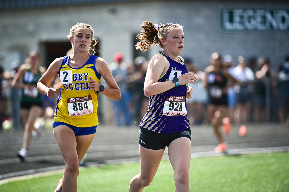 Polson's Morgan Delaney and Libby's Capri Farmer took first and secondj place in the girls 3,200 meter run at the Class A state track and field meet at Legends Stadium on Saturday, May 24. (Casey Kreider/Daily Inter Lake)