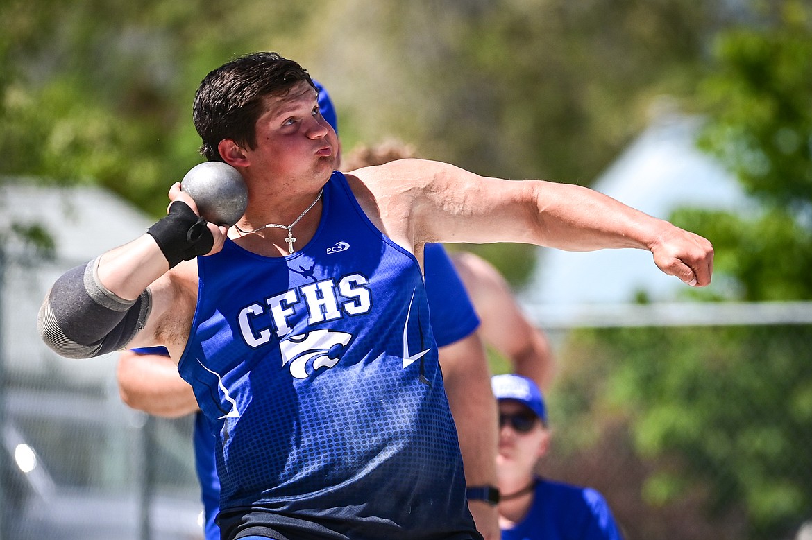 Columbia Falls' Lane Voermans competes in the boys shot put at the Class A state track and field meet at Legends Stadium on Saturday, May 24. (Casey Kreider/Daily Inter Lake)