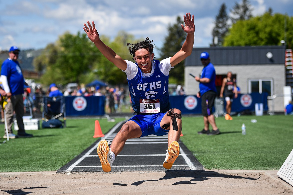 Columbia Falls' Easton Brooks competes in the boys triple jump at the Class A state track and field meet at Legends Stadium on Saturday, May 24. (Casey Kreider/Daily Inter Lake)