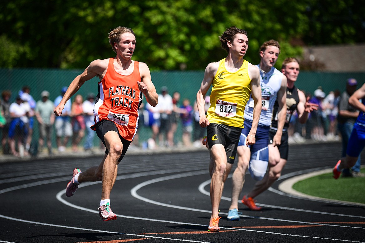 Flathead's Will Hollensteiner sprints to a first-place finish in the boys 200 meter run at the Class AA state track and field meet at Legends Stadium on Saturday, May 24. (Casey Kreider/Daily Inter Lake)