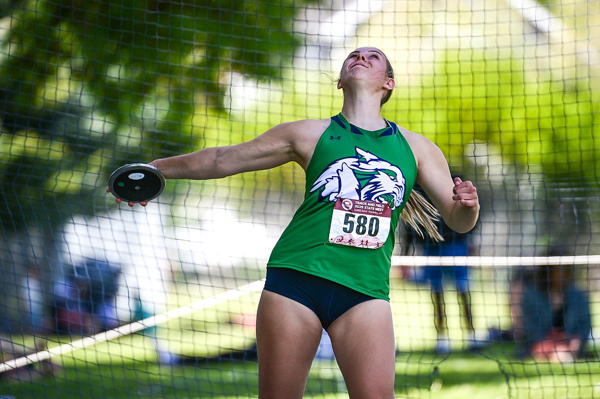 Glacier's Rylee Bigelow took fifth place in the girls discus at the Class AA state track and field meet at Legends Stadium on Saturday, May 24. (Casey Kreider/Daily Inter Lake)