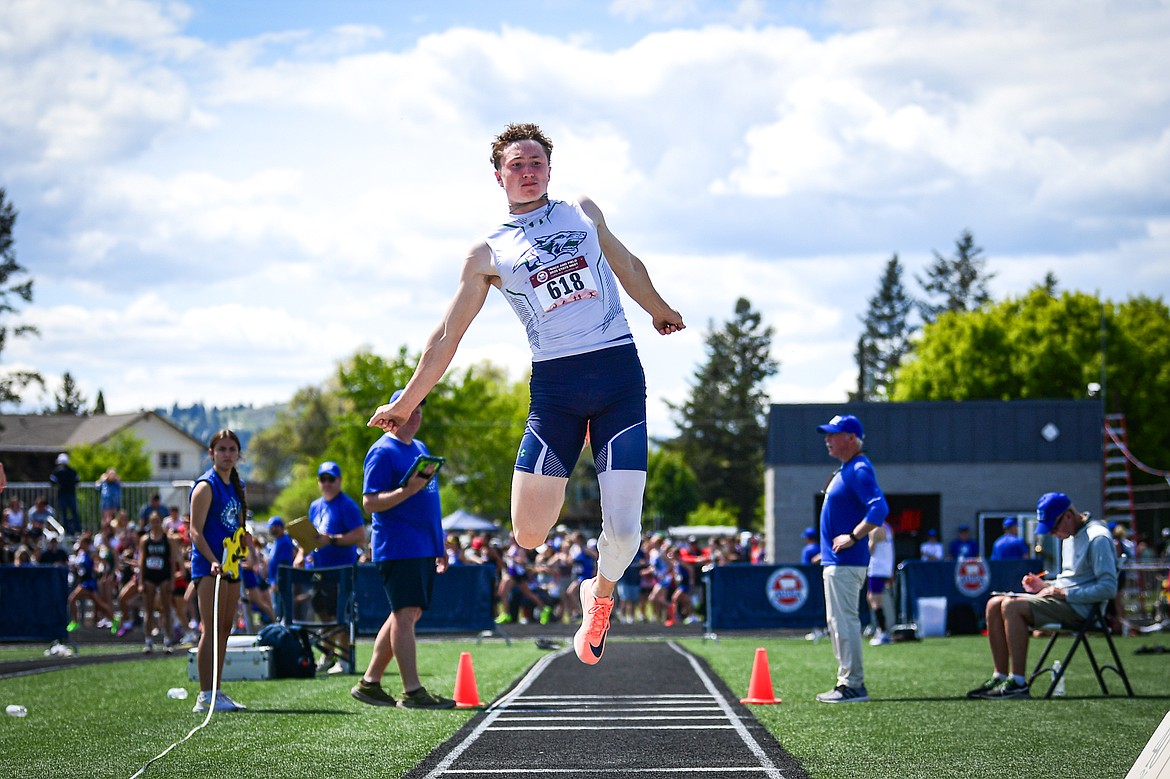 Glacier's Cooper Pelc took fourth place in the boys triple jump at the Class AA state track and field meet at Legends Stadium on Saturday, May 24. (Casey Kreider/Daily Inter Lake)