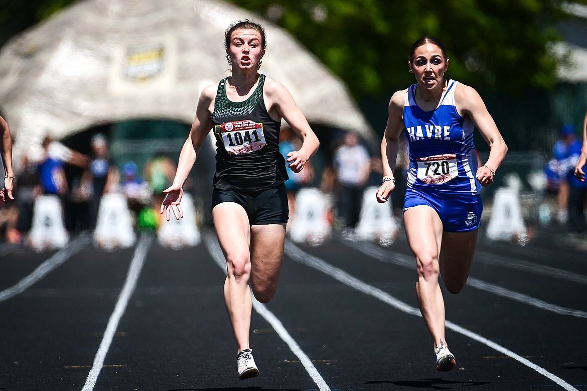Whitefish's Rachael Wilmot sprints to a first-place finish in the girls 100 meter run at the Class A state track and field meet at Legends Stadium on Saturday, May 24. (Casey Kreider/Daily Inter Lake)