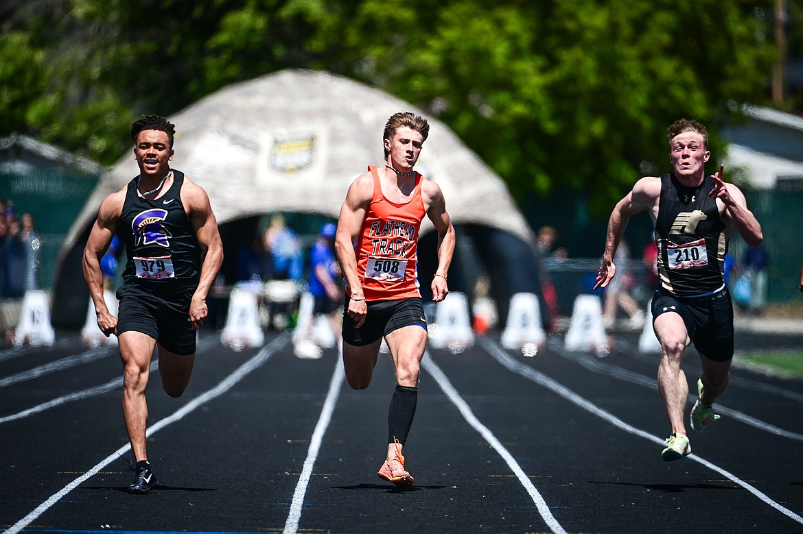 Flathead's Ben Bliven sprints to a second-place finish in the boys 100 meter run at the Class AA state track and field meet at Legends Stadium on Saturday, May 24. (Casey Kreider/Daily Inter Lake)