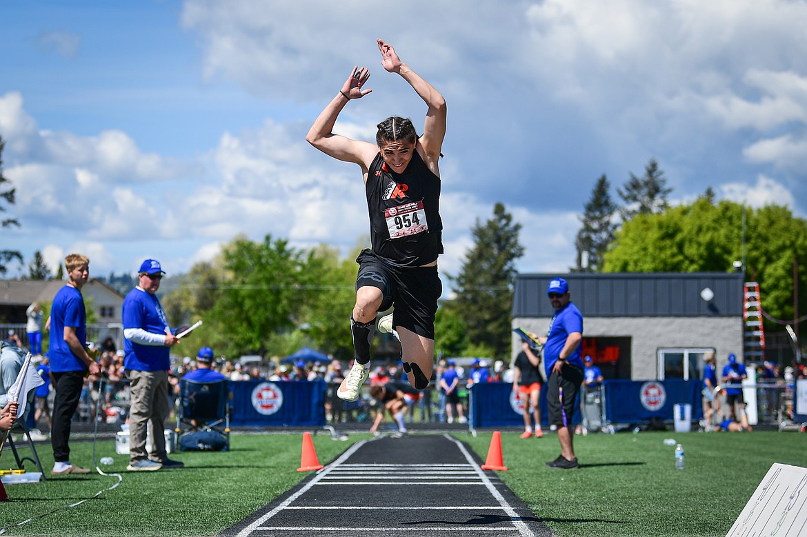 Ronan's Connor Durglo competes in the boys triple jump at the Class A state track and field meet at Legends Stadium on Saturday, May 24. (Casey Kreider/Daily Inter Lake)