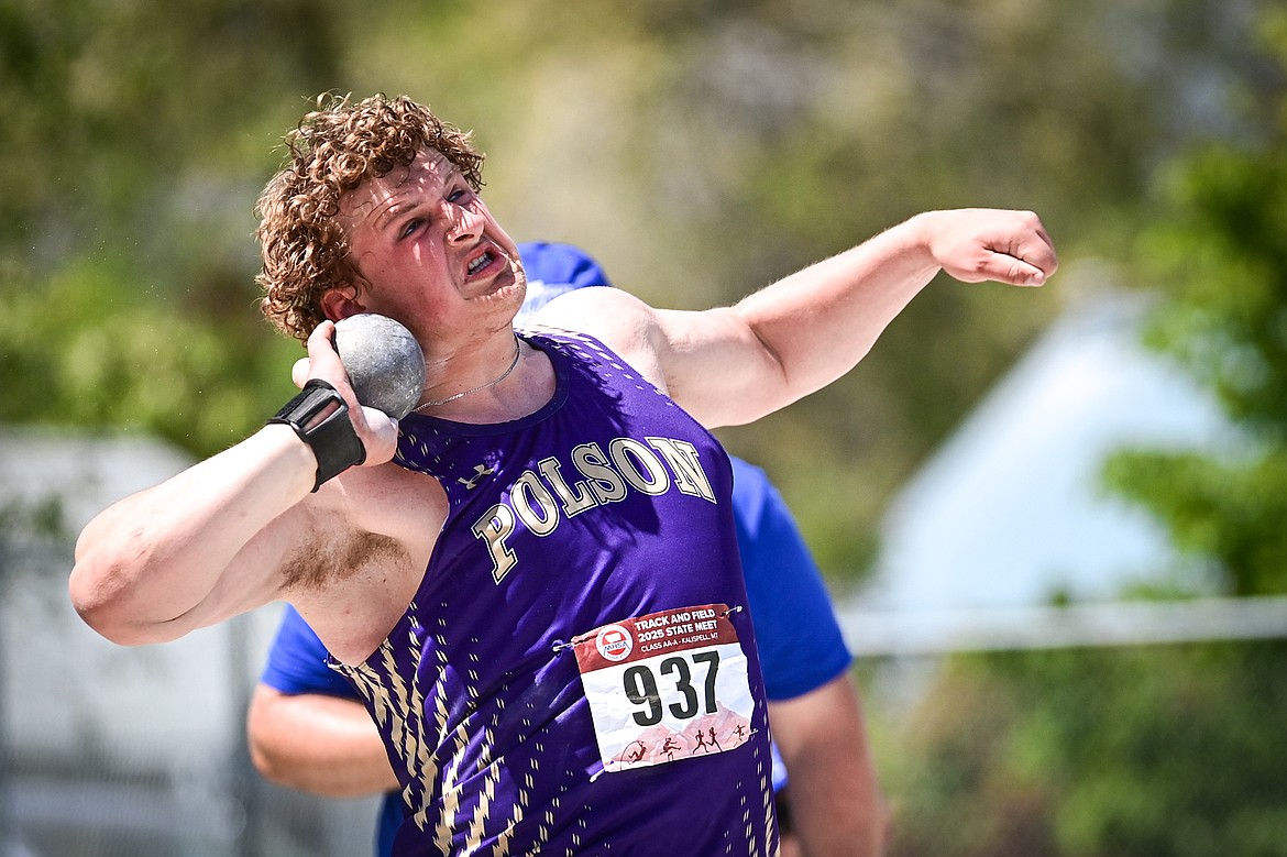 Polson's Astin Brown took first place in the boys shot put at the Class A state track and field meet at Legends Stadium on Saturday, May 24. (Casey Kreider/Daily Inter Lake)