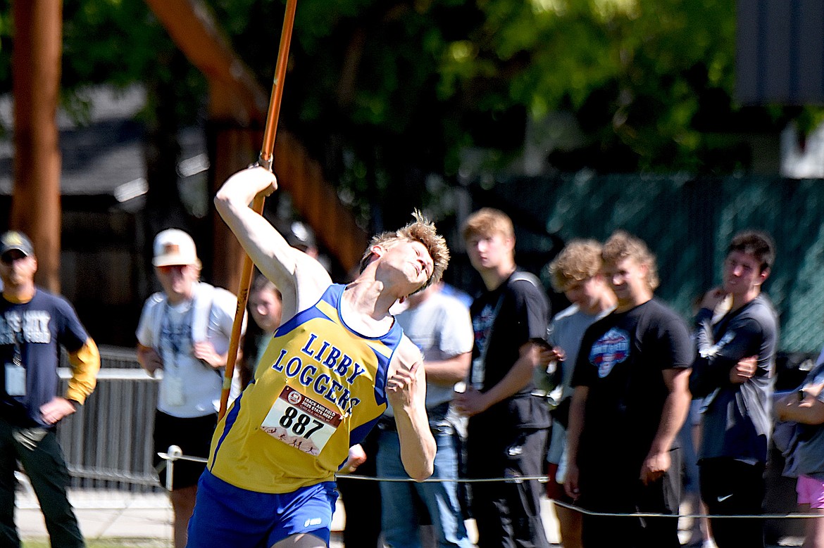 Libby's Tristan Andersen was fifth in the Montana High School Association Class A javelin throw Saturday, May 24, 2025, at Legends Stadium in Kalispell. (Scott Shindledecker/The Western News)