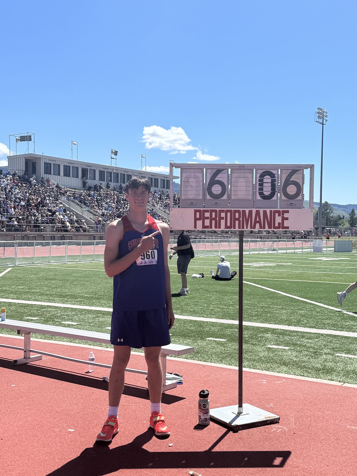 Bobcats' sophomore Landon Ricards points to his 6-6 personal best jump mark that propelled him to the state Class B high jump championship this past weekend in Missoula. (Superior staff courtesy photo)