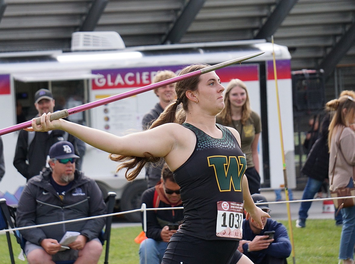 Whitefish Junior, Sol Holmquist, earns a podium spot with a personal best throw of 111-11 at the Montana Class A State Championship on Friday. (Matt Weller photo)
