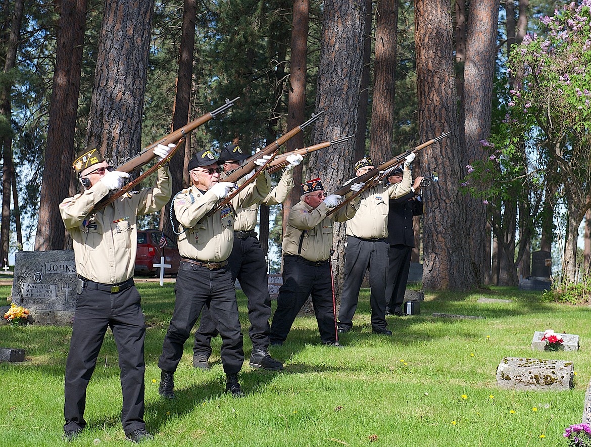 The Honor Guard fired three volleys to honor the fallen during the Memorial Day observance at Mountain View Cemetery in Ronan. (Kristi Niemeyer/Leader)