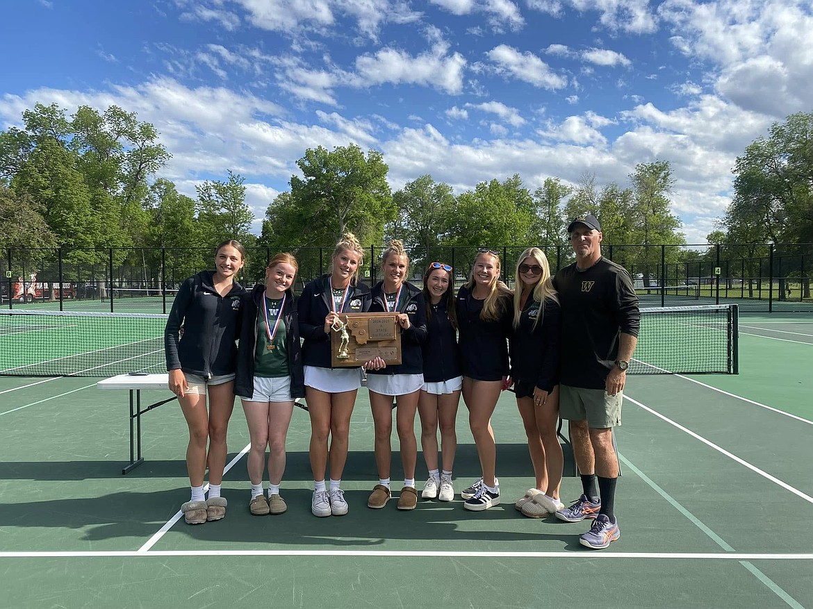 Whitefish girls tennis takes third place at the Class A State Tournament in Billings. (Photo provided) Allie Shors, Liesl Brust, Camry Kelch, Maggie Mercer, Emy Hansen, Audrey Talbot, Ainsley Grubb, Coach Dryden.