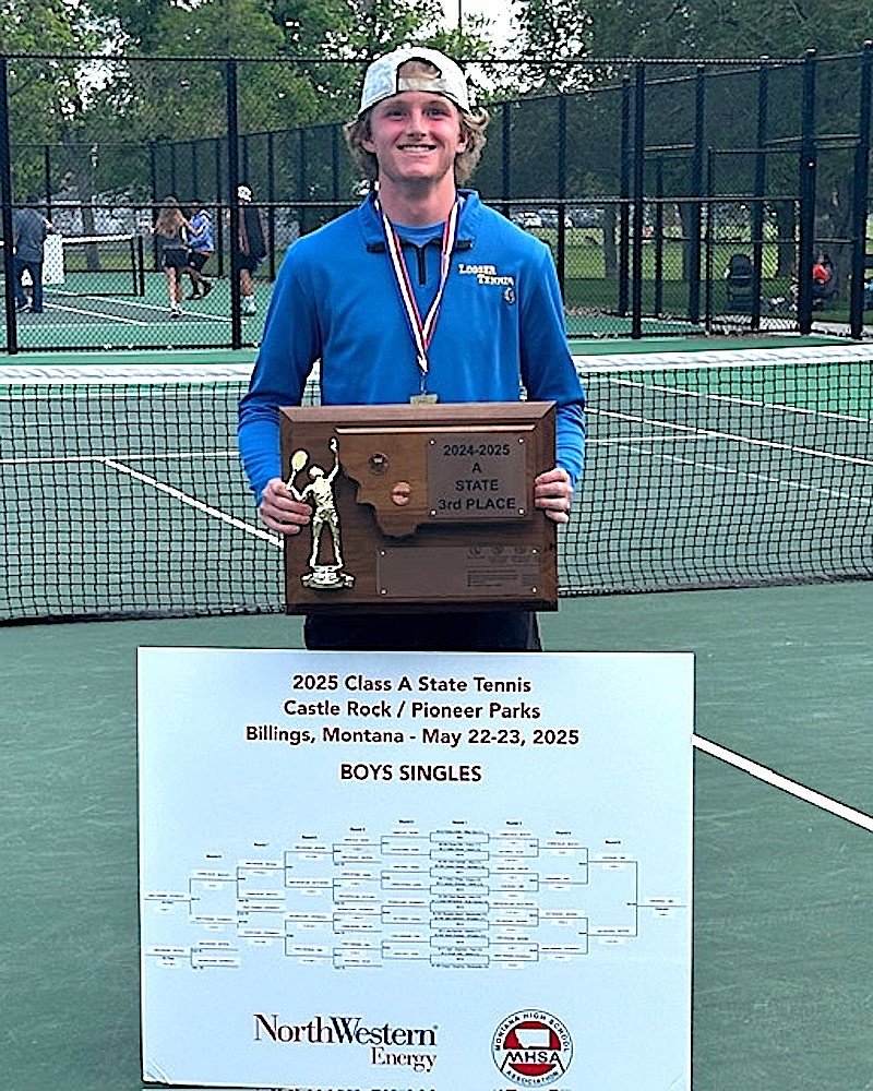 Libby Loggers senior Ryan Beagle displays the plaque and gold medal after he won the Montana Class A singles tennis championship Friday, May 23, 2025, in Billings. Beagle scored enough points for the Loggers to claim the trophy for third place. (Courtesy photo)