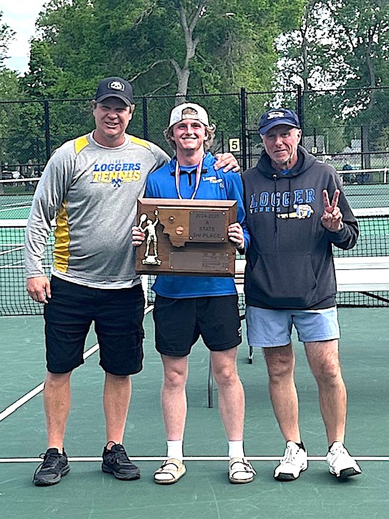 Libby Loggers senior Ryan Beagle, head coach Kyle Hannah and assistant coach Terry Oedewaldt celebrate after Beagle won the Montana Class A singles tennis championship Friday, May 23, 2025, in Billings. (Courtesy photo)