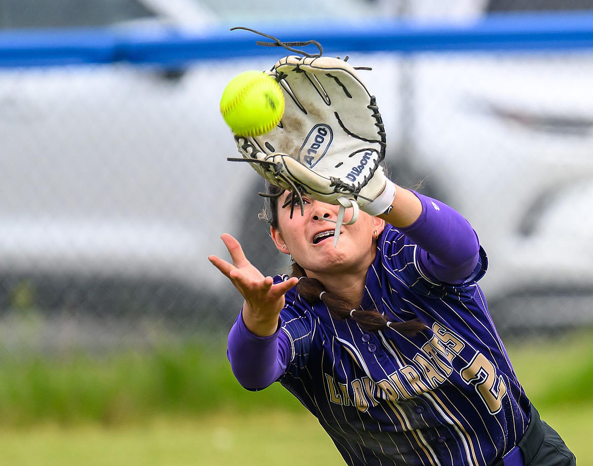 Polson's Ari Rushing snags the ball to win the opening game against Dillon in last week's Class A State Softball Tournament. (Chris Peterson/Hungry Horse News)
