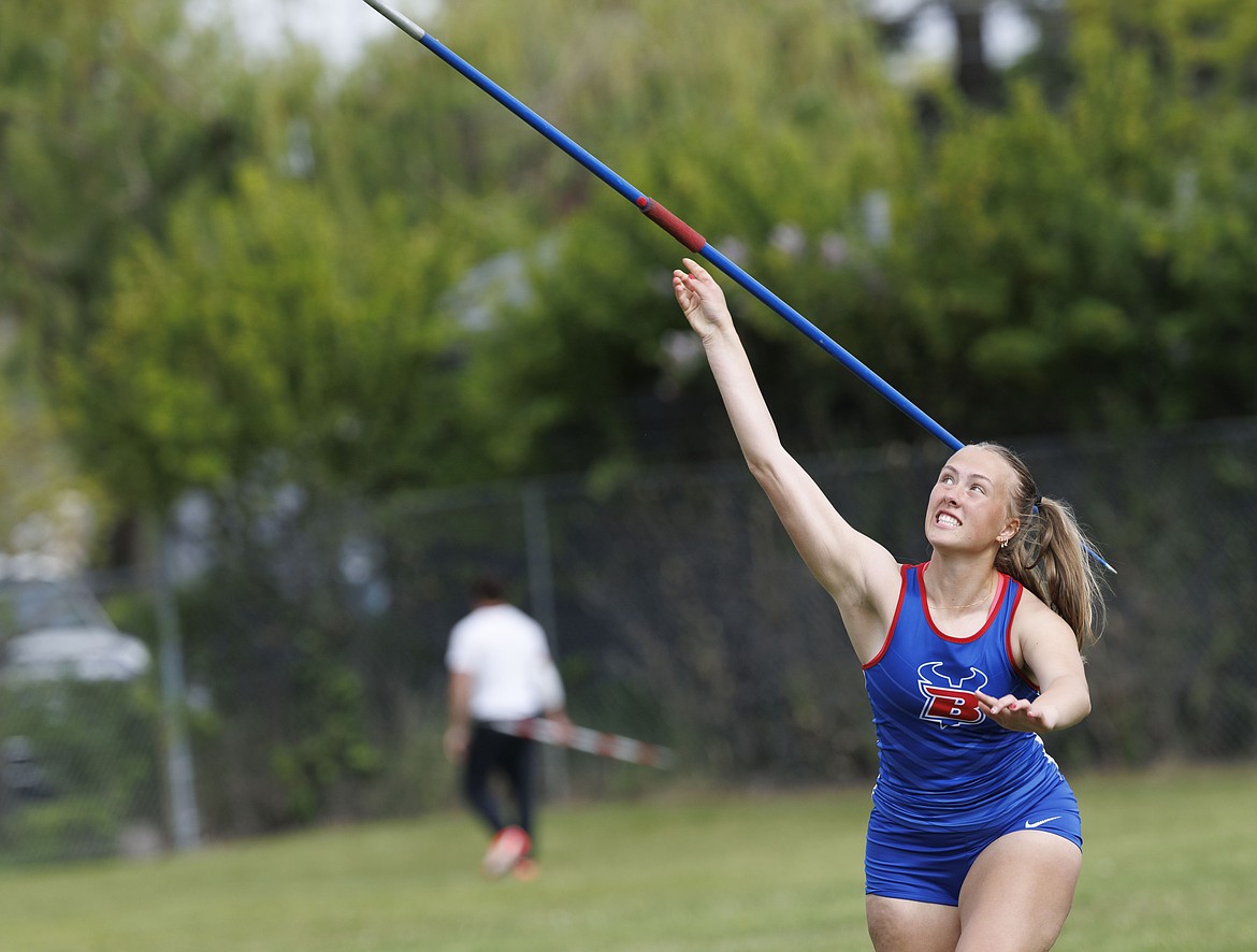 Aspen Britt throws the javelin at the Montana state AA and A track and field championships.
