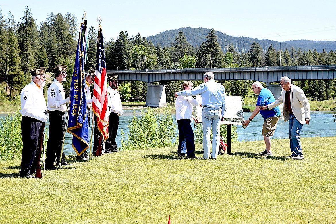 Members of the Libby VFW Harper Erdman Post 1548 took part in the dedication of the Arthur J Rambo Memorial Sunday, May 25, 2025, in Riverfront Park in Libby, Montana. (Scott Shindledecker/The Western News)