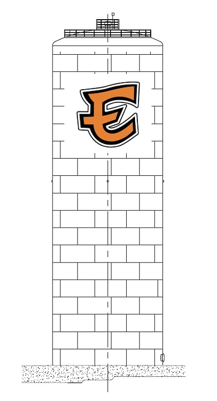 A mock-up of how the water tower will look with the new logo decision. The Ephrata City Council had a 4-3 vote on whether to put the new city logo, which has not been released to the public or the Ephrata School District E. Mayor Bruce Reim broke the tie by voting in favor of the “E.”