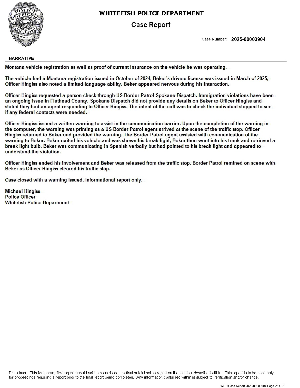 The second page of the police report filed on the April 24 traffic stop.