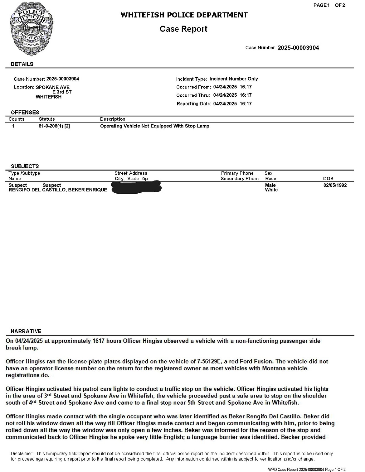 The first page of the incident report filed on the April 24 traffic stop.