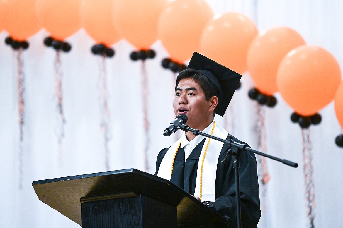 Student Body President Vincent Lam welcomes the crowd to Flathead High School's class of 2025 graduation ceremony on Friday, May 30. (Casey Kreider/Daily Inter Lake)