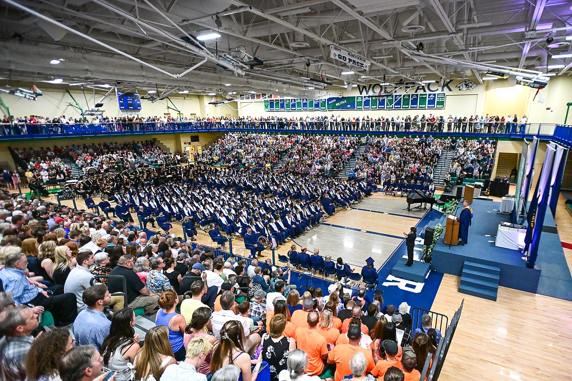 Principal Brad Holloway welcomes the crowd to the Glacier High School class of 2025 graduation ceremony on Saturday, May 31. (Casey Kreider/Daily Inter Lake)
