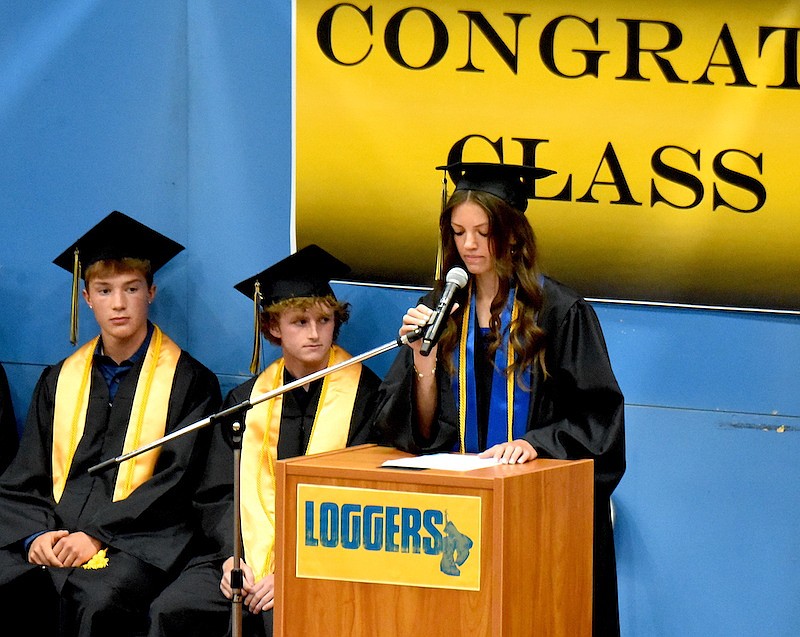Libby High School Senior Class President Bergen Fortner speaks during graduation ceremonies Saturday, May 31, 2025, in Ralph Tate Gymnasium at Libby High School. (Scott Shindledecker/The Western News)
