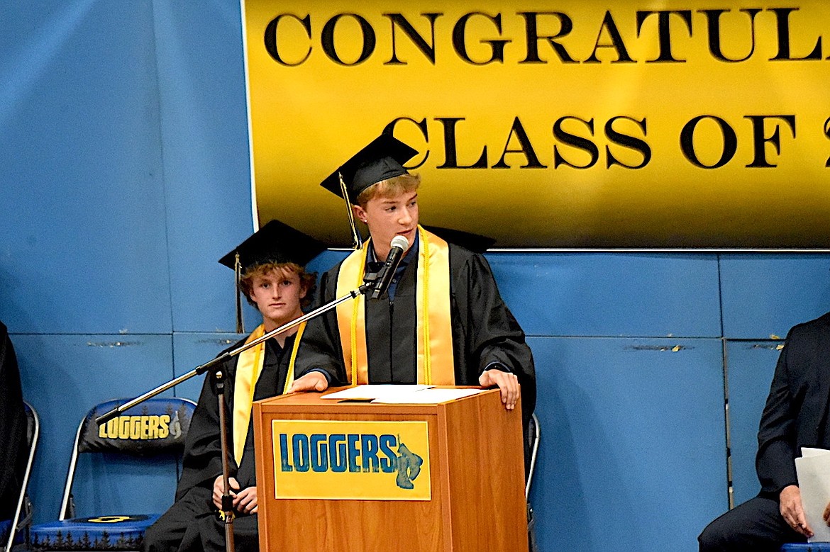 Libby High School co-Valedictorian Rowen Sherbo speaks during graduation ceremonies Saturday, May 31, 2025, in Ralph Tate Gymnasium. (Scott Shindledecker/The Western News)
