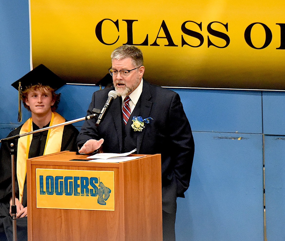 Lincoln County District Judge Matt Cuffe shares words of wisdom during graduation ceremonies Saturday, May 31, 2025, in Ralph Tate Gymnasium at Libby High School. (Scott Shindledecker/The Western News)