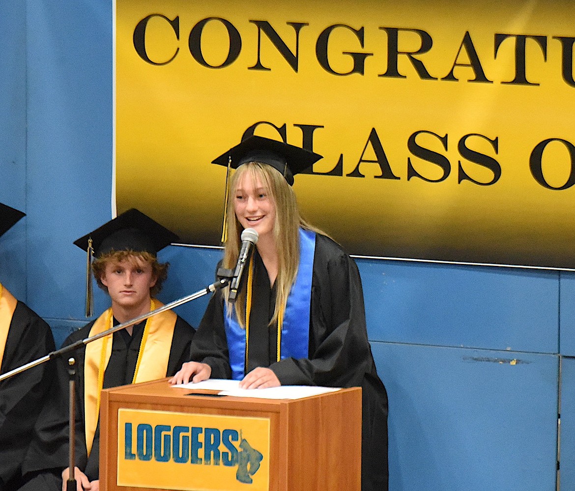 Libby High School co-Valedictorian Kylee Derryberry speaks during graduation ceremonies Saturday, May 31, 2025, in Ralph Tate Gymnasium. (Scott Shindledecker/The Western News)
