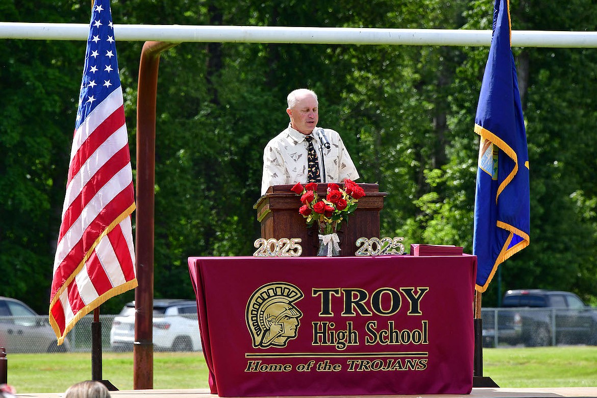 Troy High School math and science teacher Jim Jones, retiring after 34 years, was talked into being an honorary speaker during graduation ceremonies Saturday, May 31, 2025. (Courtesy photo)