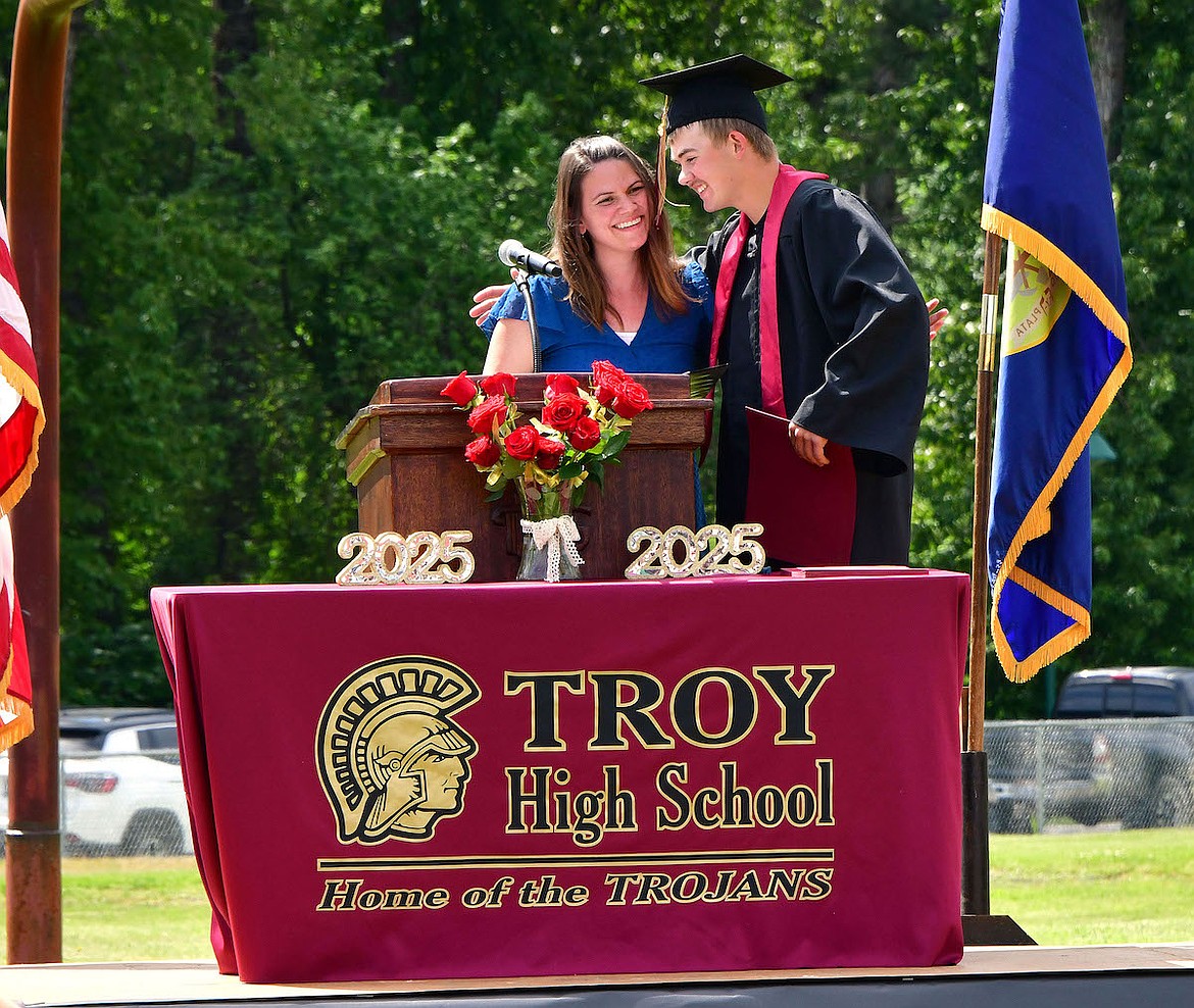 Troy High School Superintendent Christina Schertel shares a warm moment with her son, Wyatt Schertel, during graduation ceremonies Saturday, May 31, 2025. (Courtesy photo)