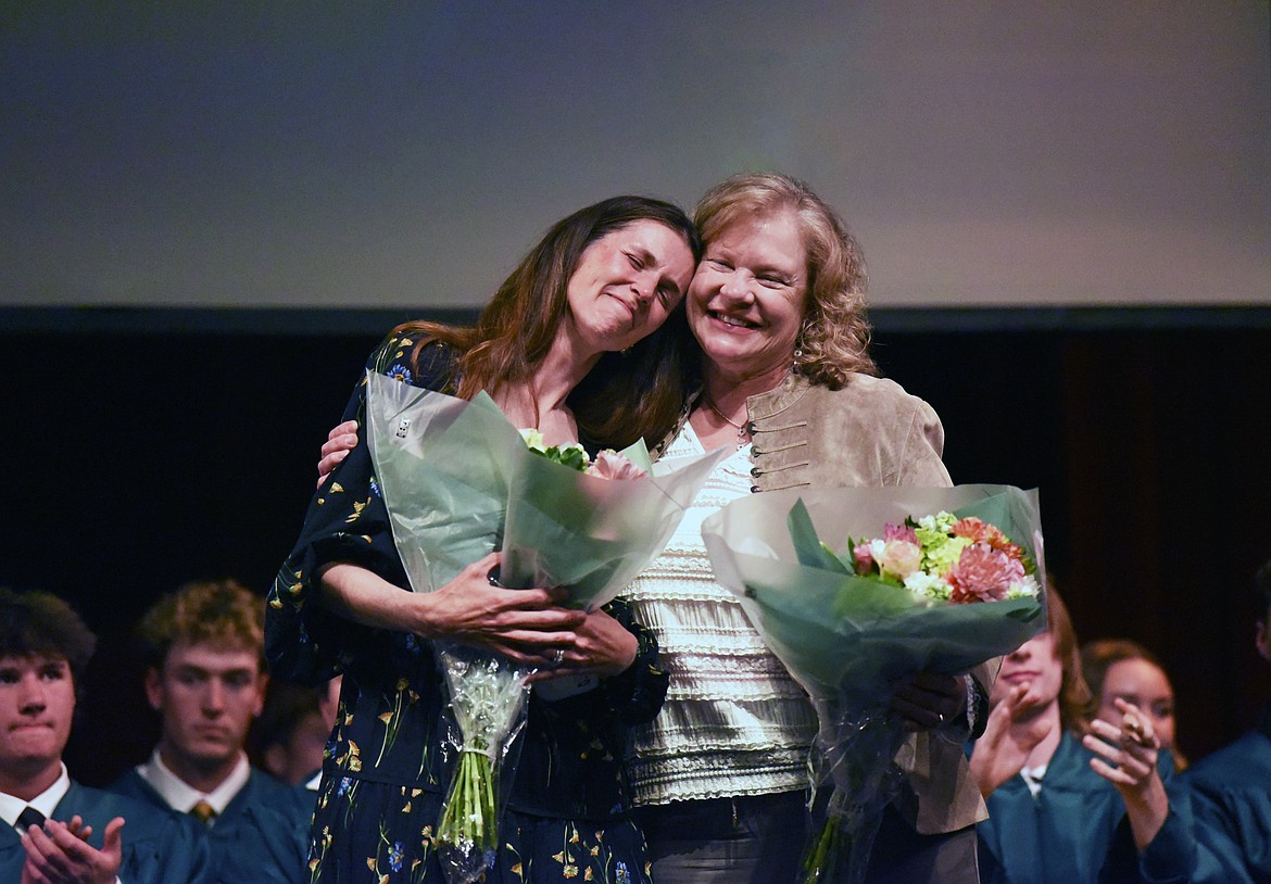 Whitefish Education Foundation volunteers Caroline Frisbee and Kim Solem at the conclusion of the scholarship awards ceremony on May 19. (Kelsey Evans/Whitefish Pilot)