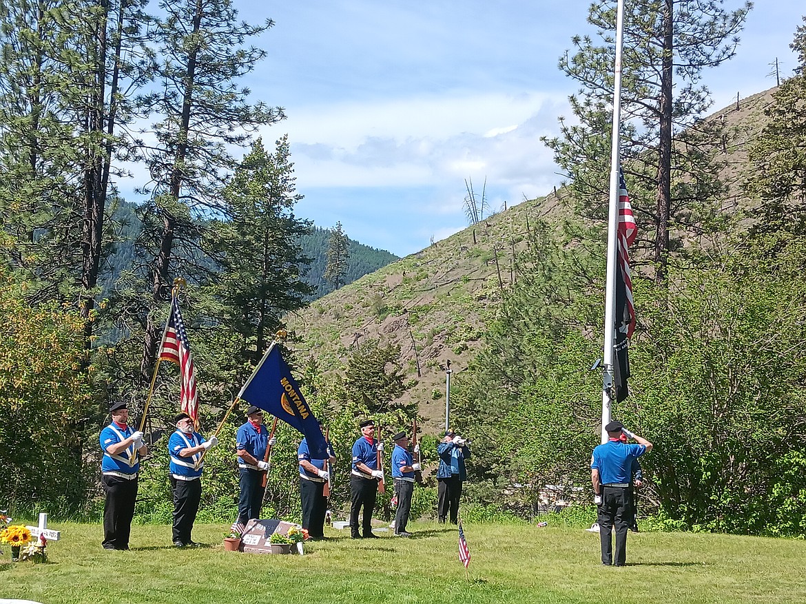 There are over 200 veterans interned between the Superior and Quartz Cemeteries, including 5 Civil War veterans. 47 are resting in the DeBorgia Cemetery. On Memorial Day, the Honor Guard from the Lloyd Riding Veterans of Foreign Wars Post 6238, laid a wreath into the Clark Fork River from the Veterans Bridge in Superior. They then held formal military ceremonies at the Superior and Quartz Cemeteries with a modest crowd honoring those who never returned from wars.
