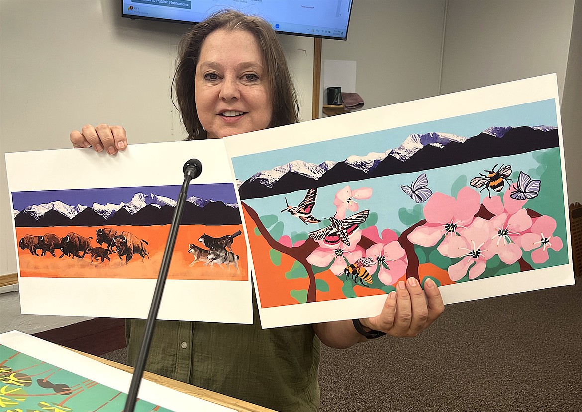 Natalie Raffield of Sandpiper Art Gallery displays designs she helped local Boys and Girls Club members create for murals at Boettcher Park. The Art4Polson public art project is a collaboration between the gallery and city. (Kristi Niemeyer/Leader)