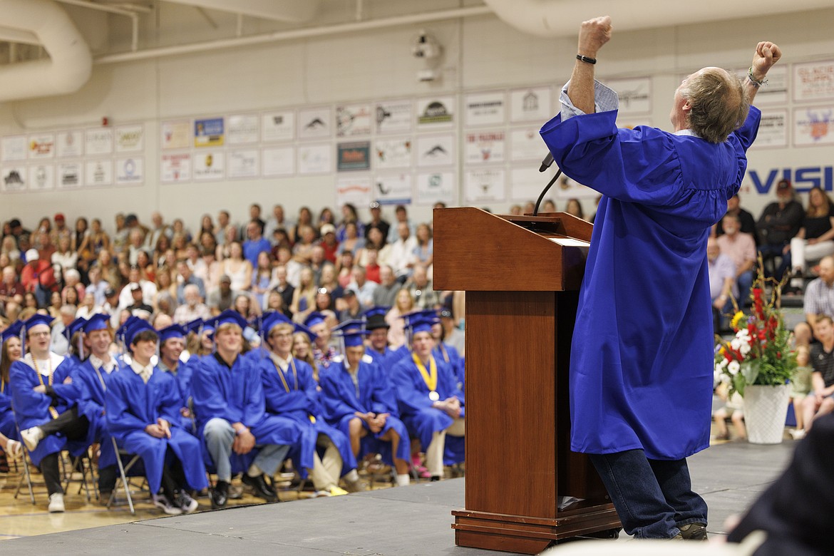 Bigfork High School instructor Hans Bodenhamer delivers a rousing commencement address at the 2025 graduation ceremonies. His last, as he is retiriing at schools end this year.