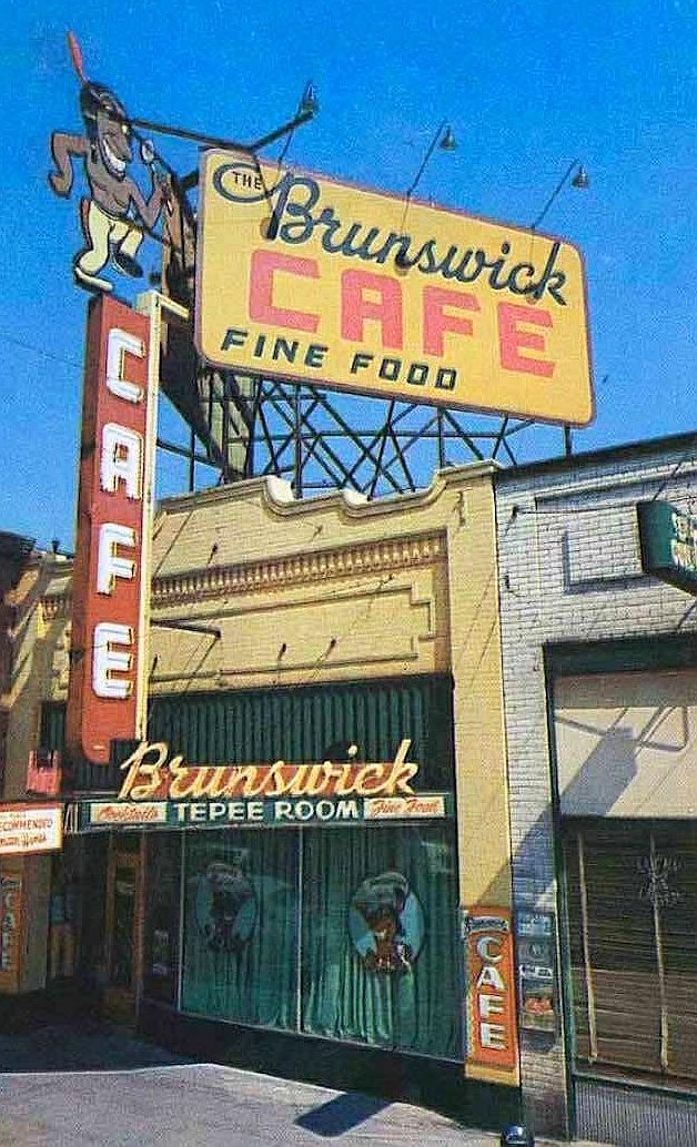 An undated photo shows the Brunswick Café exterior.