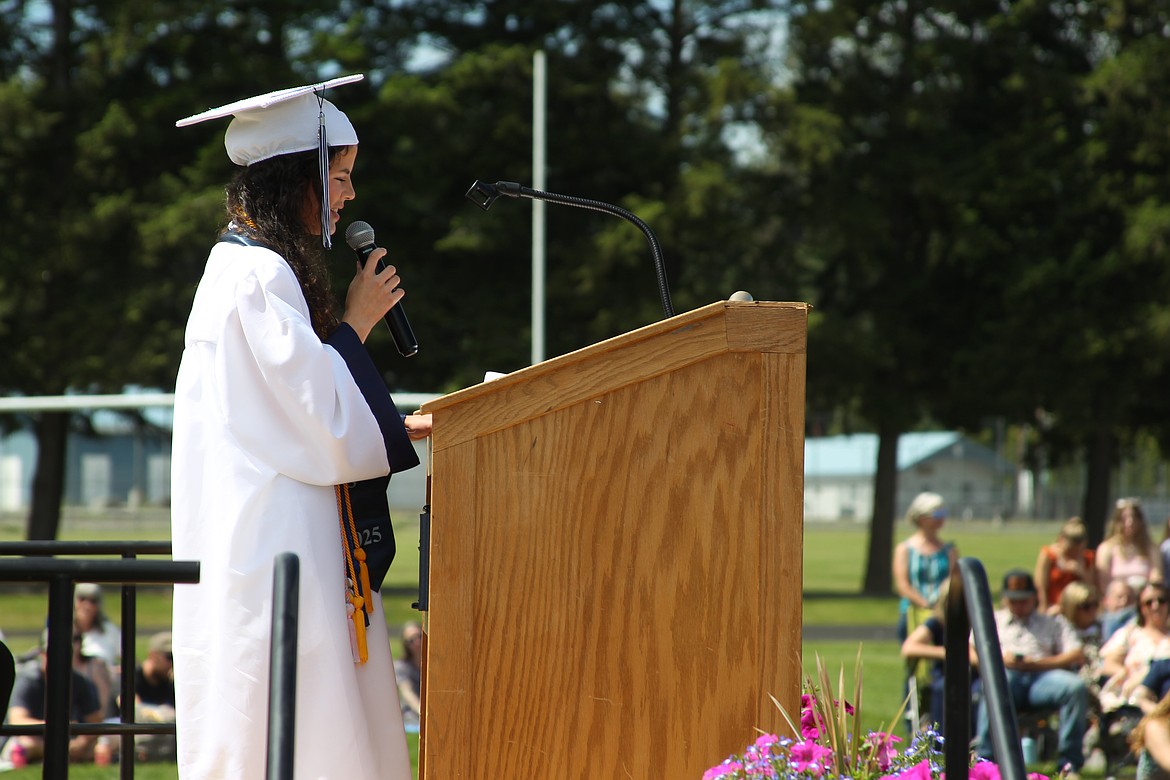 Bonners Ferry High School valedictorian Sydney Beckle addresses her fellow graduates during Saturday's commencement ceremony.