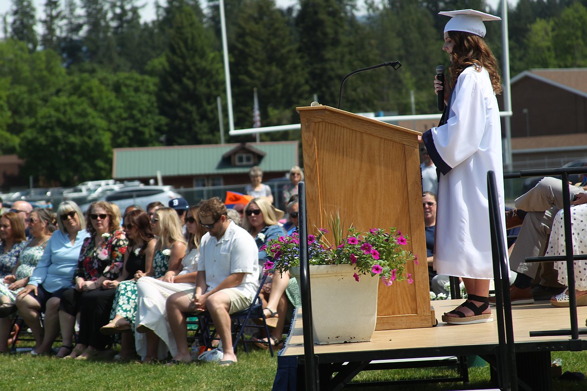 Bonners Ferry High School salutatorian Morgan Tye speaks at Saturday's commencement ceremony.