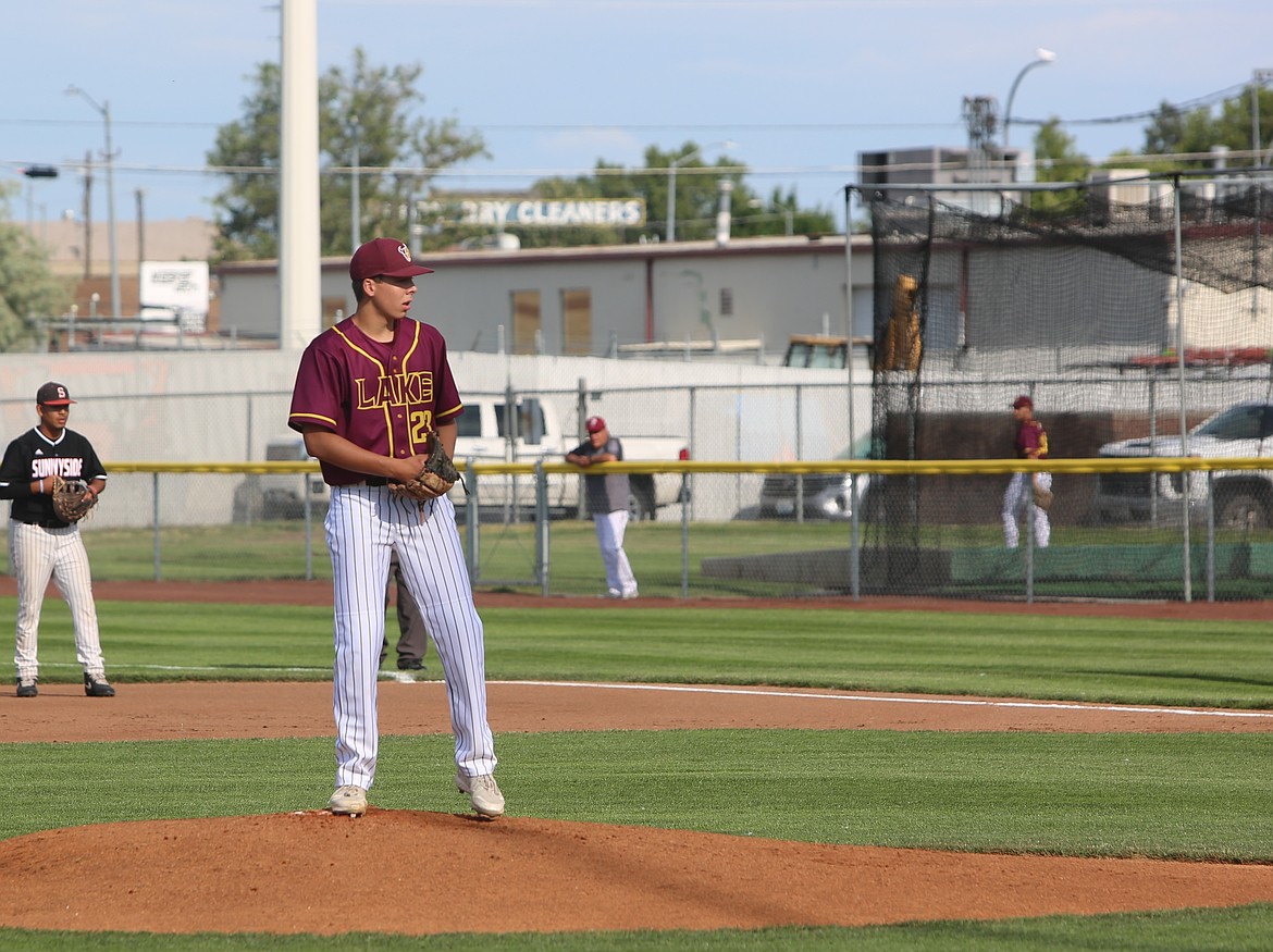 Moses Lake High’s Kason Whitaker preparing to throw his next pitch. Whitaker was also nominated for the All-State team after the game.
