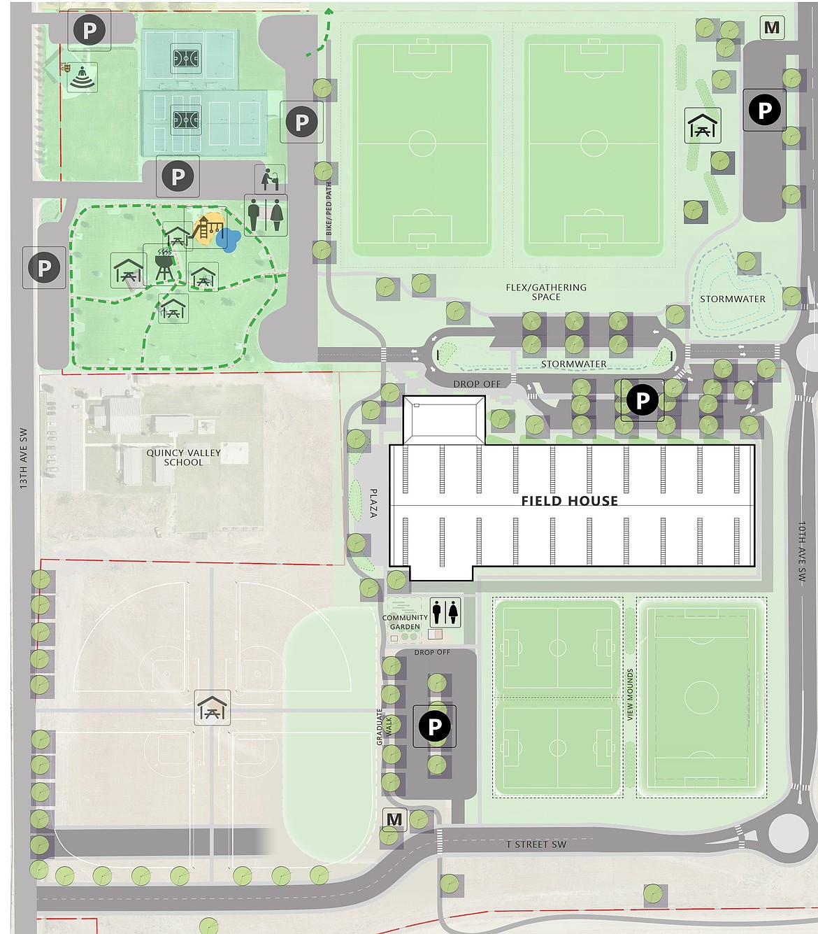 The preliminary design of the fieldhouse in Quincy, in white, may be reviewed following the conclusions of a feasibility study.