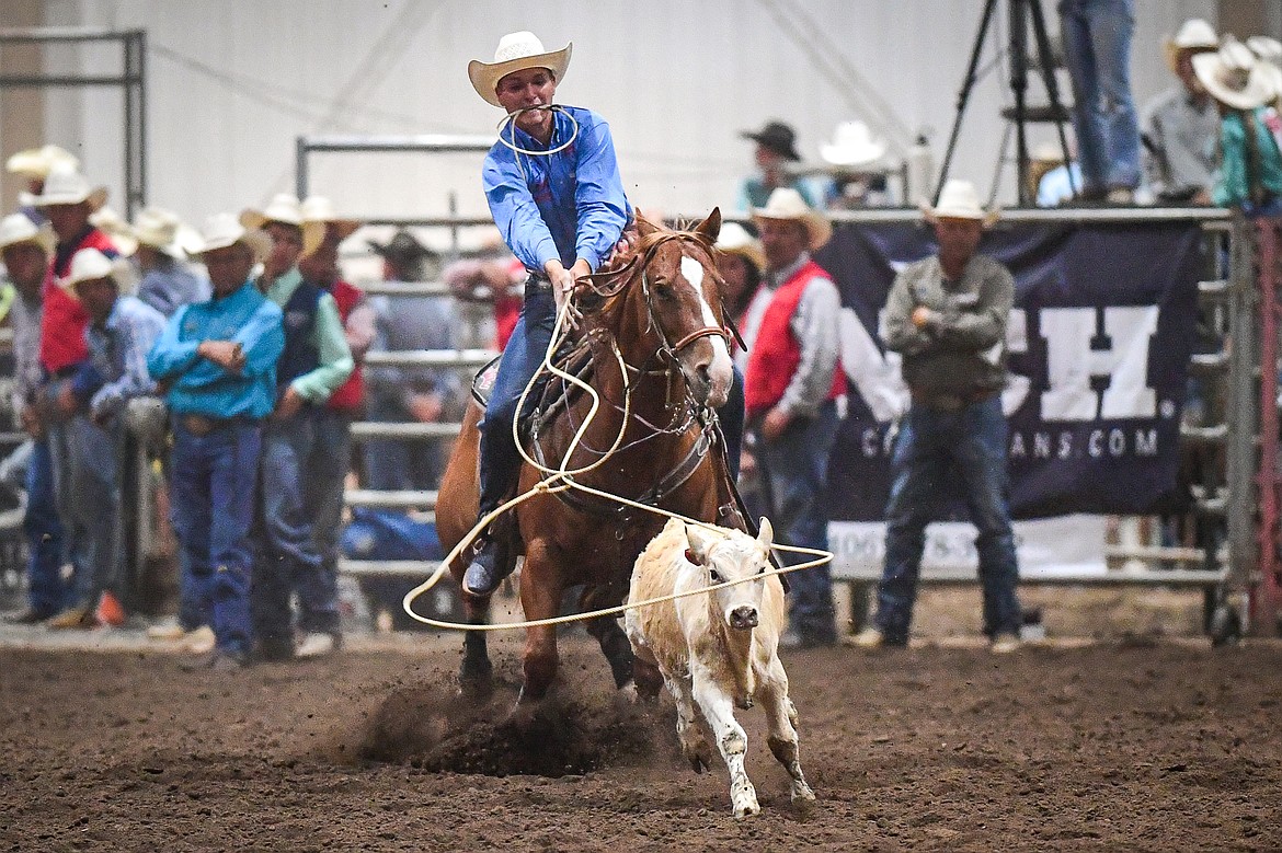 AJ Swenson, from Huntley, competes in the tie down roping event at the Montana High School Rodeo Association Finals at Majestic Valley Arena on Thursday, June 5. (Casey Kreider/Daily Inter Lake)
