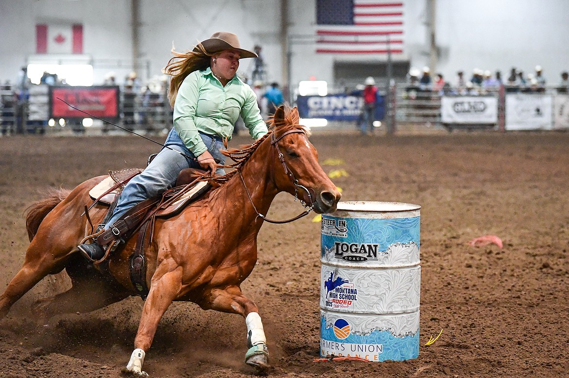 Katie Zink, from Marion, competes in barrel racing at the Montana High School Rodeo Association Finals at Majestic Valley Arena on Thursday, June 5. (Casey Kreider/Daily Inter Lake)