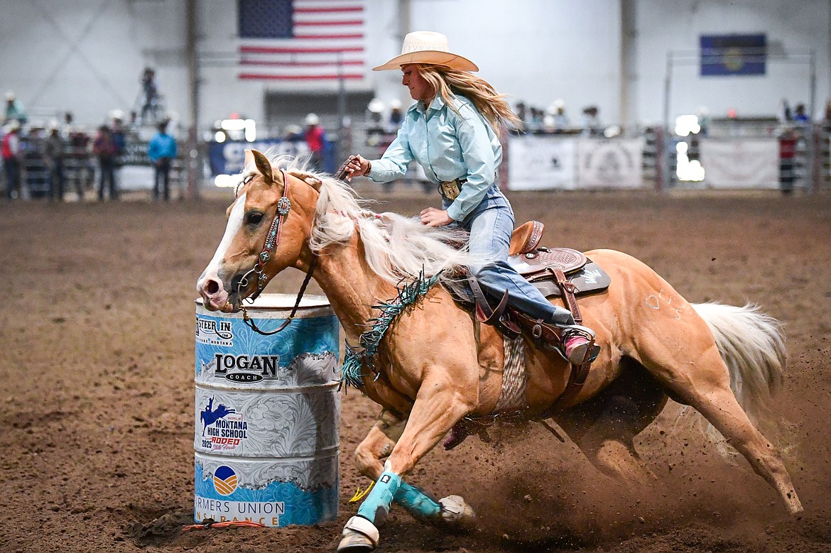 Beth Bergstedt, from Kalispell, competes in barrel racing at the Montana High School Rodeo Association Finals at Majestic Valley Arena on Thursday, June 5. (Casey Kreider/Daily Inter Lake)