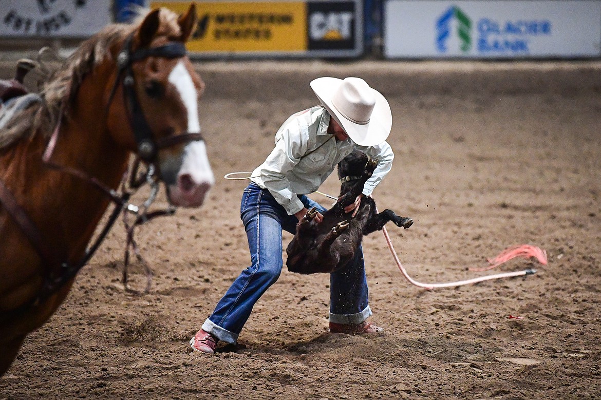 Anna Tretter, from Kila, competes in the goat tying event at the Montana High School Rodeo Association Finals at Majestic Valley Arena on Thursday, June 5. (Casey Kreider/Daily Inter Lake)